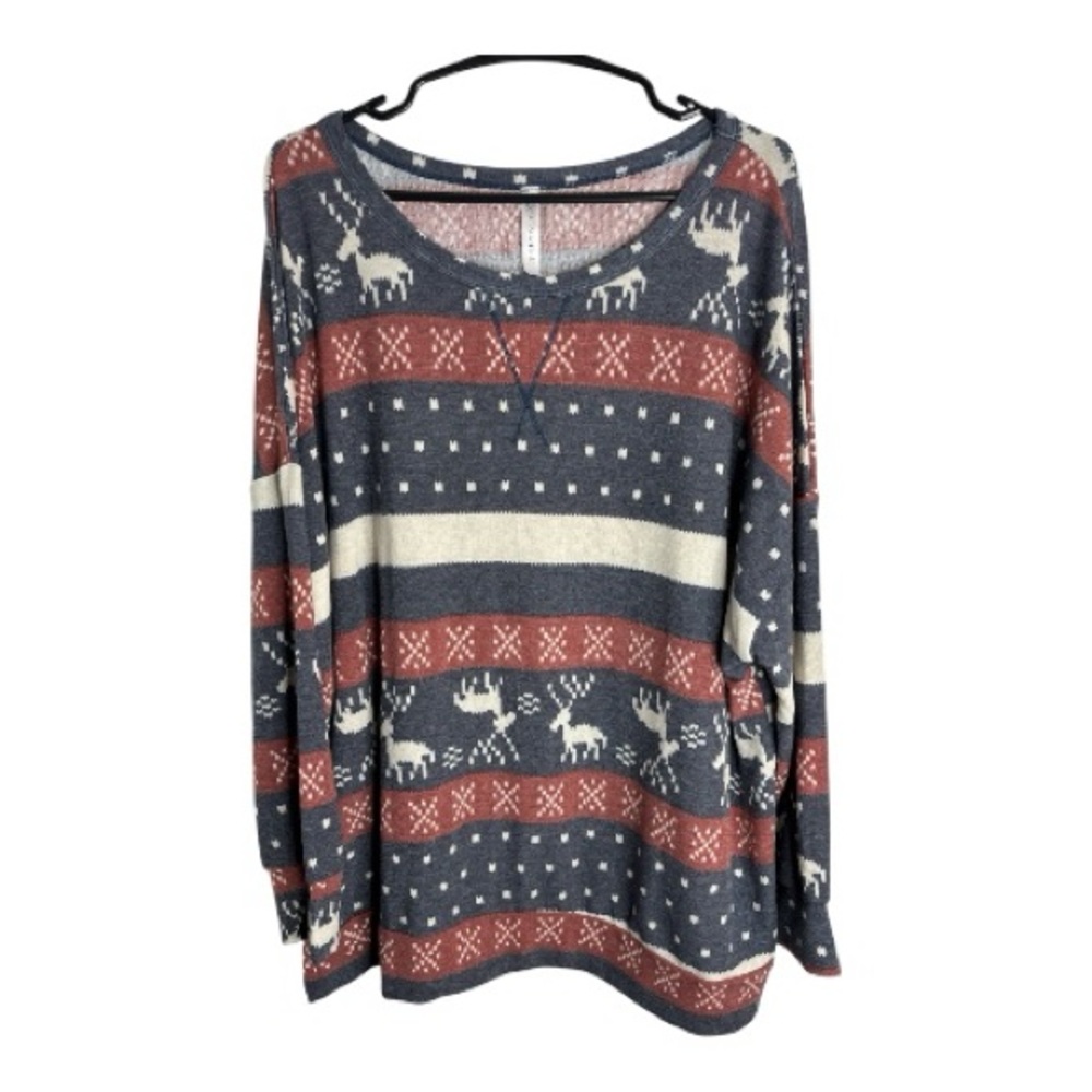 Dear Scarlett Blue and Rusty Red Cozy and Boxy Patterned Sweater Size XL